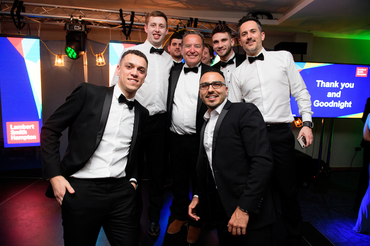 Group of men posing with host Jeff Stelling at The Greater Lincolnshire Construction and Property Awards 2020