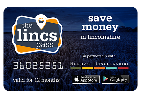 Blue pass with Lincs Pass logo, information about the product, Heritage Lincolnshire logo and text
