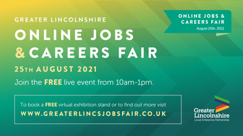 Yellow to green gradient background with information about the Online Jobs & Careers Fair on 25th August