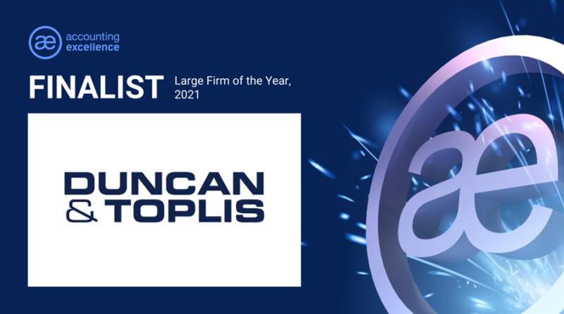 Dark blue background with text Finalist Large firm of the year 2021 with Duncan and Toplis logo