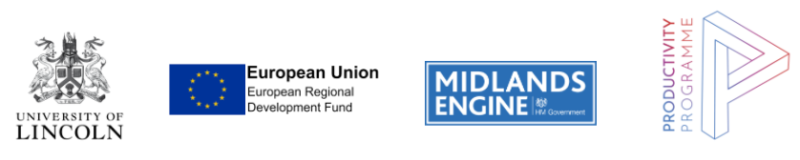 Logos of University of Lincoln, ERDF, Midlands Engine and Productivity Programme