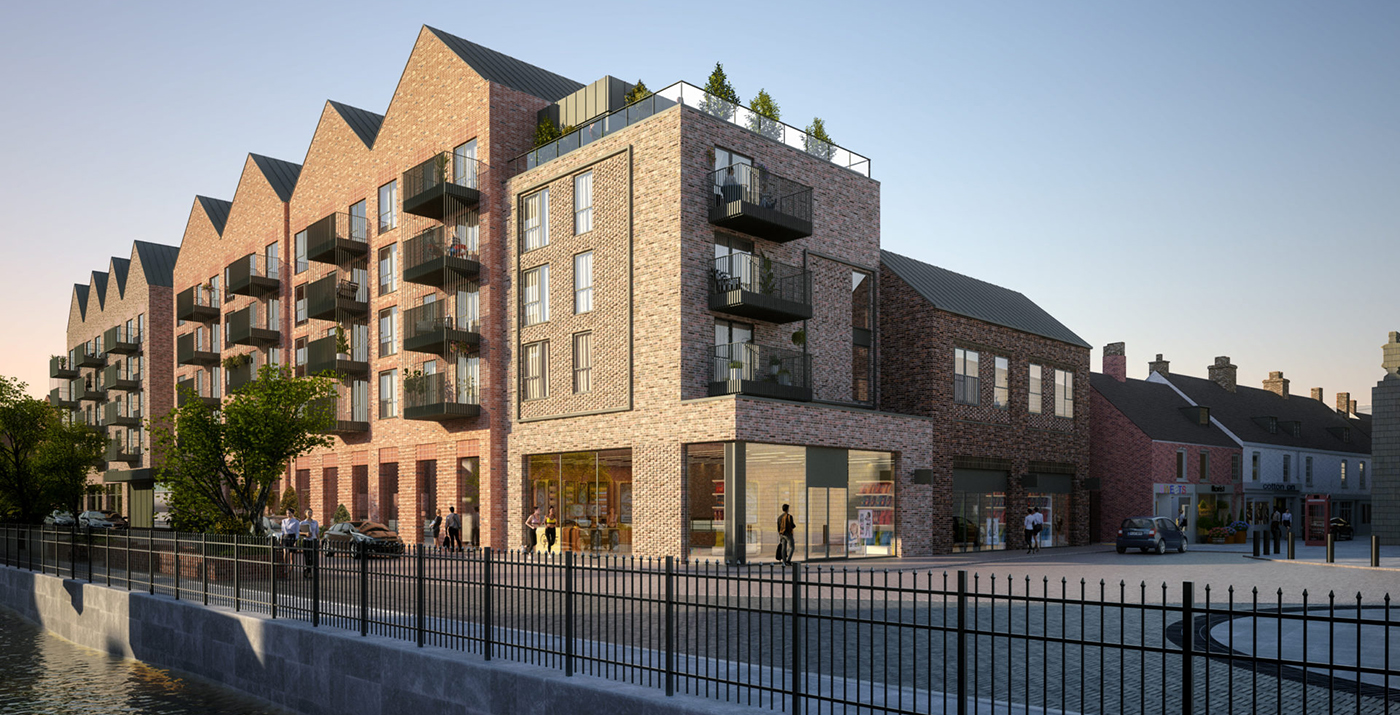 3D rendering of a proposed development in the city centre of Lincoln, Lincolnshire. A building with brown and red brick, glass balconies, by a canal