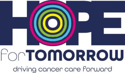 Hope for tomorrow logo in dark blue and grey, with the O in 'Hope' made of multicoloured circles
