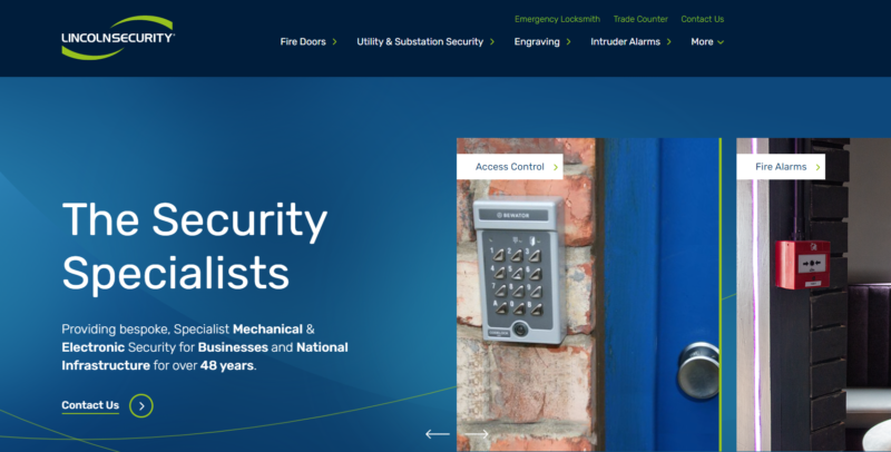 The website for Lincoln Security, with dark blue and lighter blue branding and white text