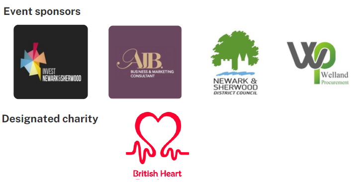 Four logos for organisations who are sponsoring this event, with British Heart Foundation logo under 'designated charity' text