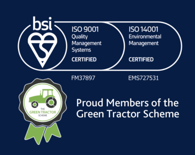 Dark blue background with white and green tractor logo and information about environmental accreditations 