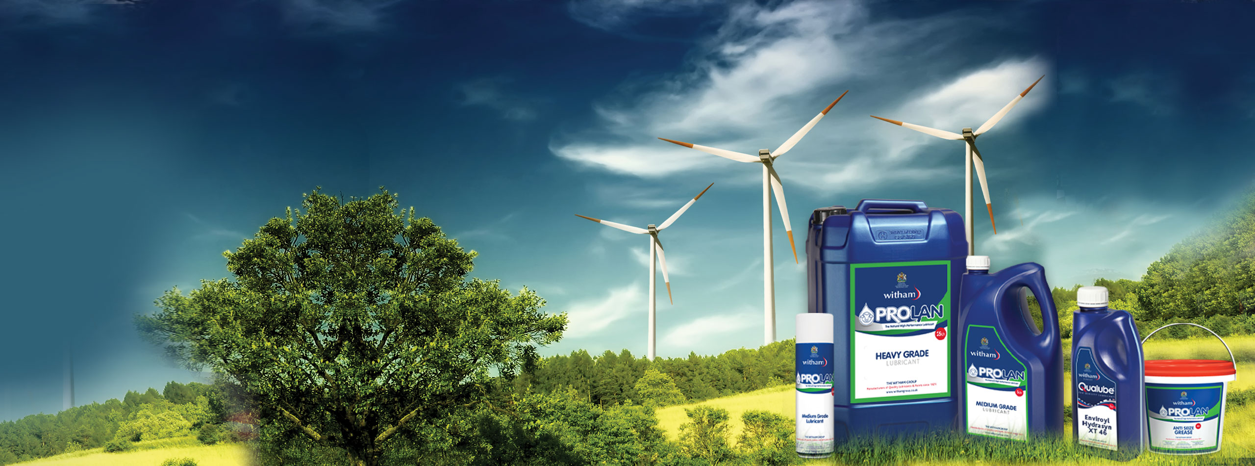 White wind turbines in a green landscape with overlay of environmentally conscious products in dark blue packaging 