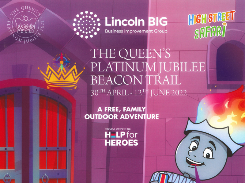 Pink and purple background with brick house, logos for Lincoln BIG and High Street Safari, with white text "The Queen's platinum jubilee beacon trail 30th April - 30th June 2022" with grey cartoon character