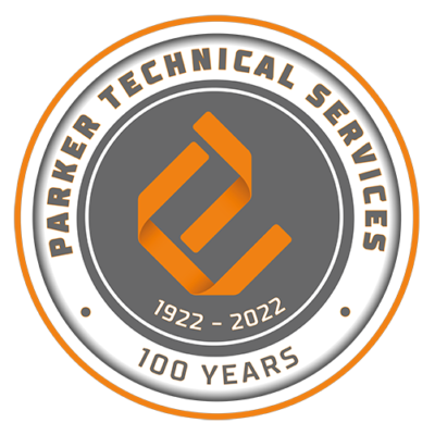 Circular Parker Technical Services logo in orange and grey on transparent background.